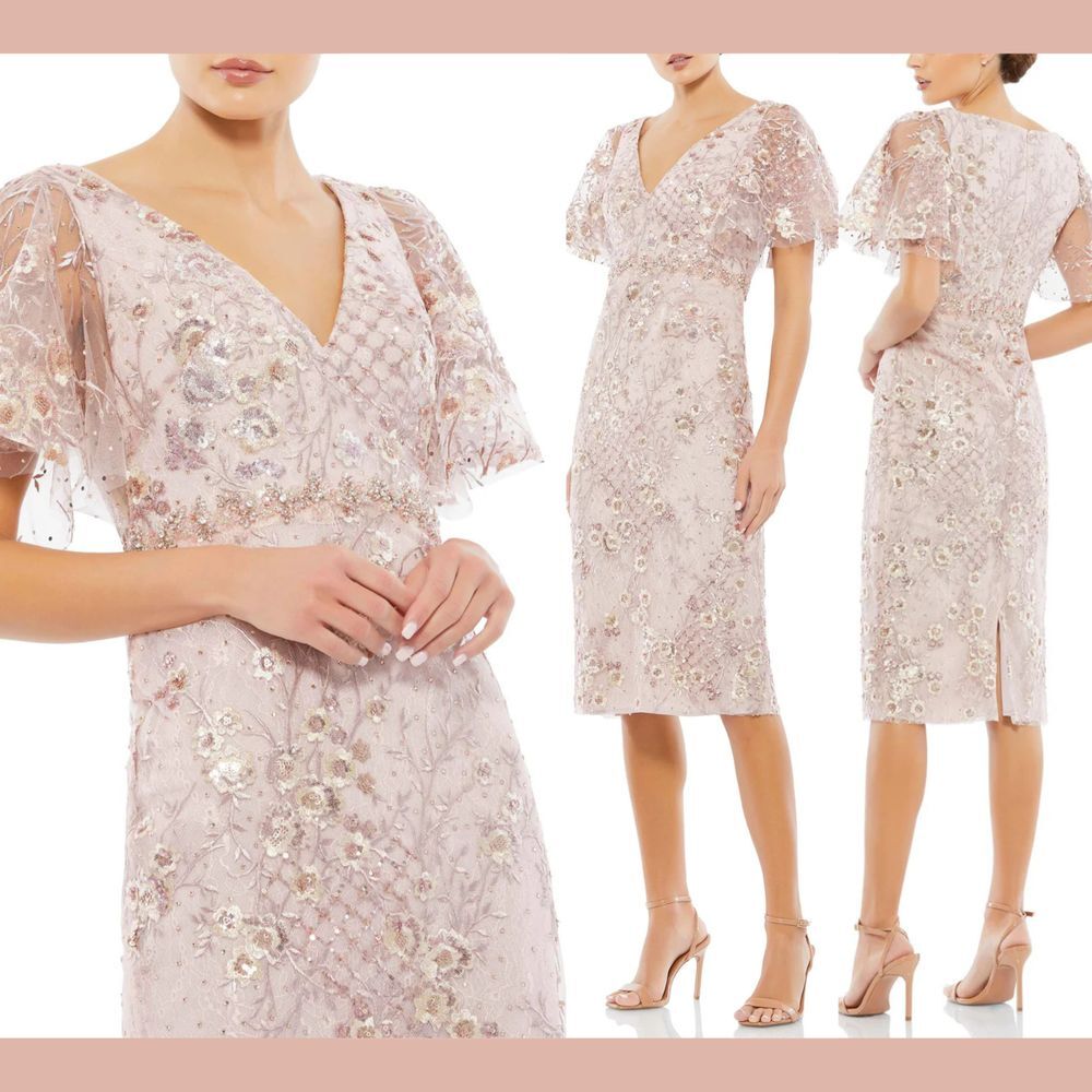 NEW MAC DUGGAL [ 12 ] 67909 Embellished‎ Illusion Butterfly Sleeve Dress Rose